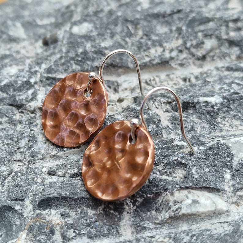 Hammered Copper Disc Earrings – History Inspired, Sterling Silver Hooks