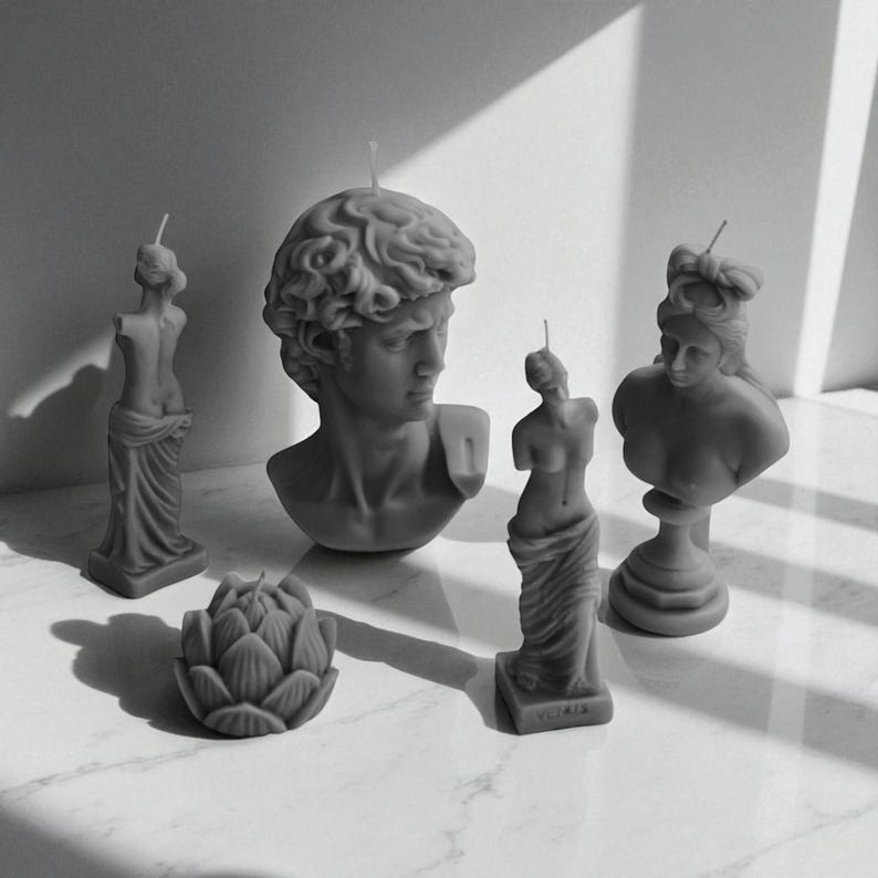 Ancient Mythology Art Candles In Neutral Grey : Venus, Aphrodite, Artichoke, Adonis, David Sculptures Custom Scent | Handmade Soy Wax Blend
