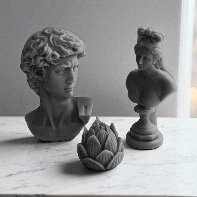 Ancient Mythology Art Candles In Neutral Grey : Venus, Aphrodite, Artichoke, Adonis, David Sculptures Custom Scent | Handmade Soy Wax Blend