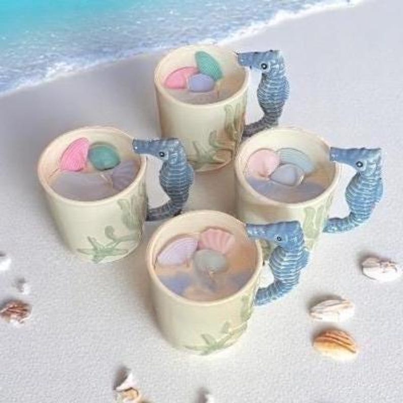 Mermaid’s Brew – Sea Horse Shells Candle – Mermaid Energy in a Ceramic Mug Free UK Post