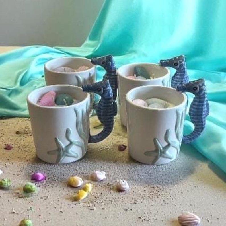 Mermaid’s Brew – Sea Horse Shells Candle – Mermaid Energy in a Ceramic Mug Free UK Post