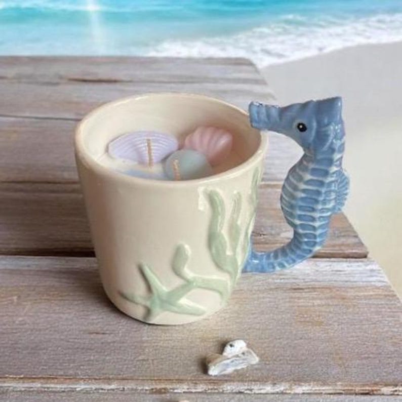 Mermaid’s Brew – Sea Horse Shells Candle – Mermaid Energy in a Ceramic Mug Free UK Post
