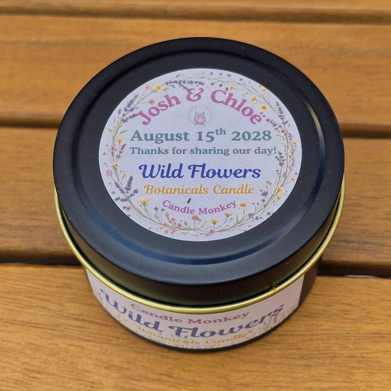 Wildflowers Wedding Favour • Scented Candle Tin with Botanicals • Custom Floral Embellished Wedding Gift • Personalised Candles