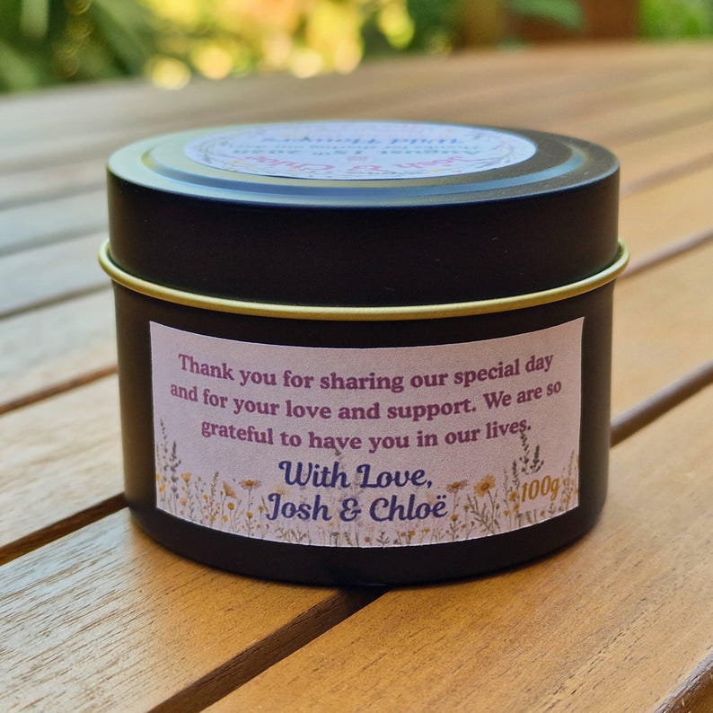 Wildflowers Wedding Favour • Scented Candle Tin with Botanicals • Custom Floral Embellished Wedding Gift • Personalised Candles