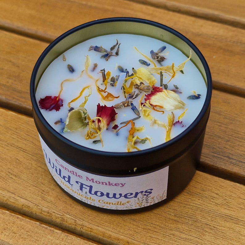 Wildflowers Wedding Favour • Scented Candle Tin with Botanicals • Custom Floral Embellished Wedding Gift • Personalised Candles