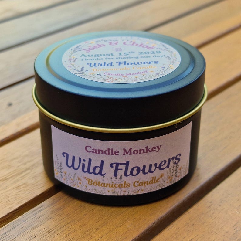 Wildflowers Wedding Favour • Scented Candle Tin with Botanicals • Custom Floral Embellished Wedding Gift • Personalised Candles