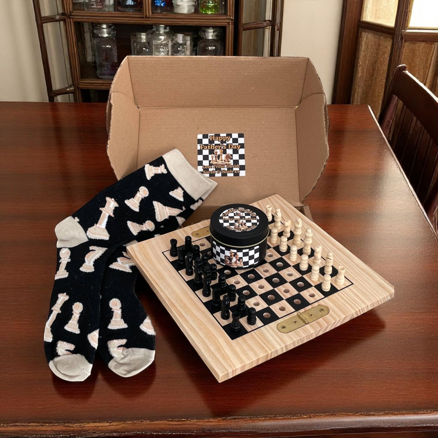 Personalised Chess Gift Set includes Handmade Soy Wax Candle, Wooden Travel Chess and Check Mate Socks Free UK Post