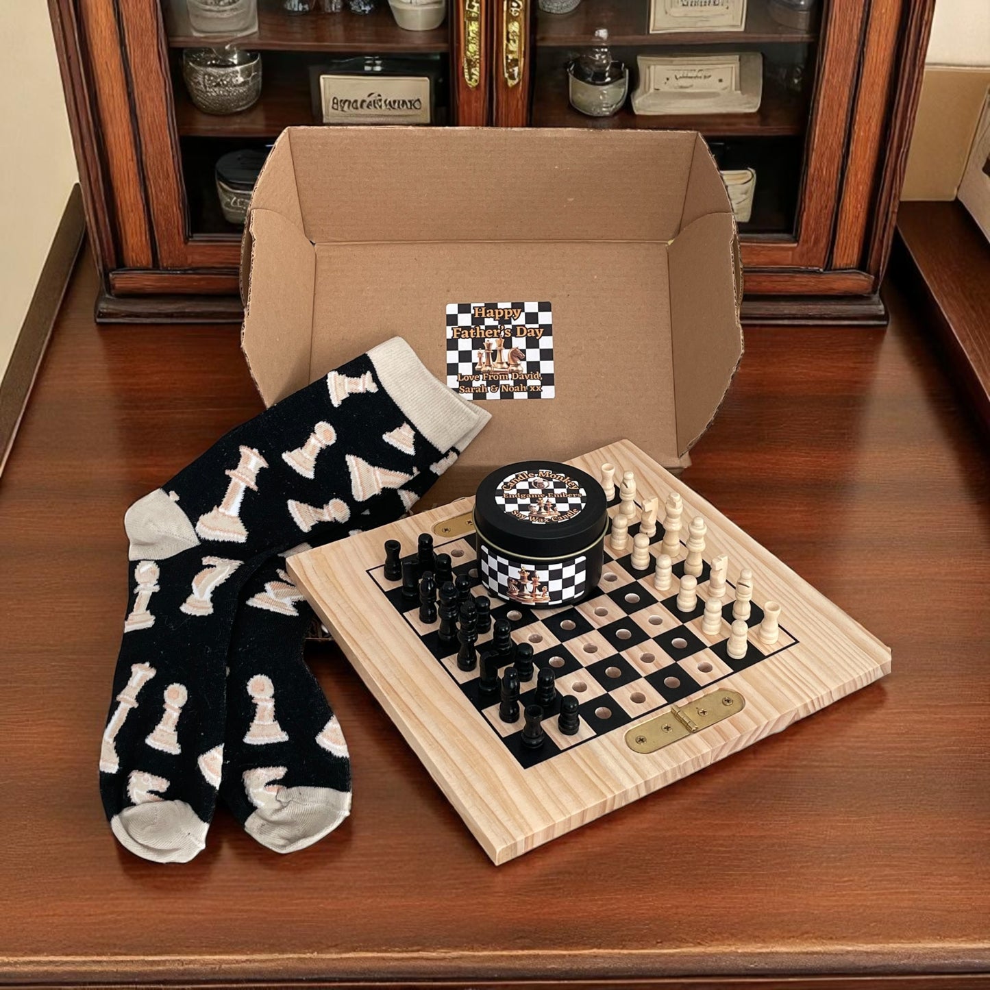 Personalised Chess Gift Set includes Handmade Soy Wax Candle, Wooden Travel Chess and Check Mate Socks Free UK Post