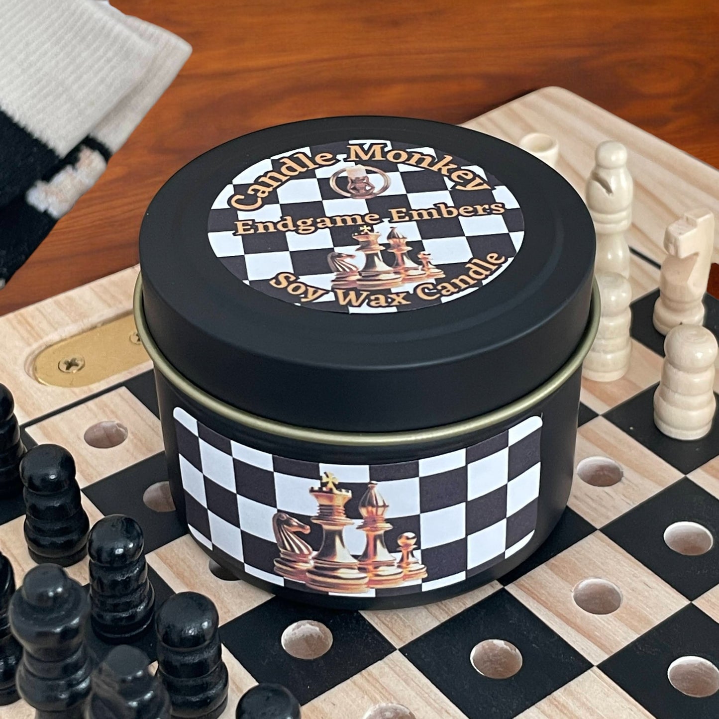 Personalised Chess Gift Set includes Handmade Soy Wax Candle, Wooden Travel Chess and Check Mate Socks Free UK Post