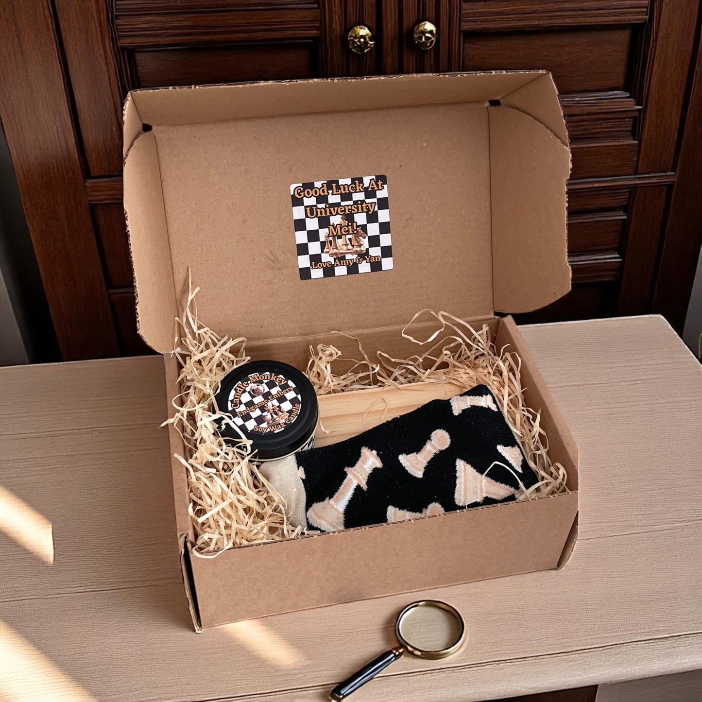 Personalised Chess Gift Set includes Handmade Soy Wax Candle, Wooden Travel Chess and Check Mate Socks Free UK Post