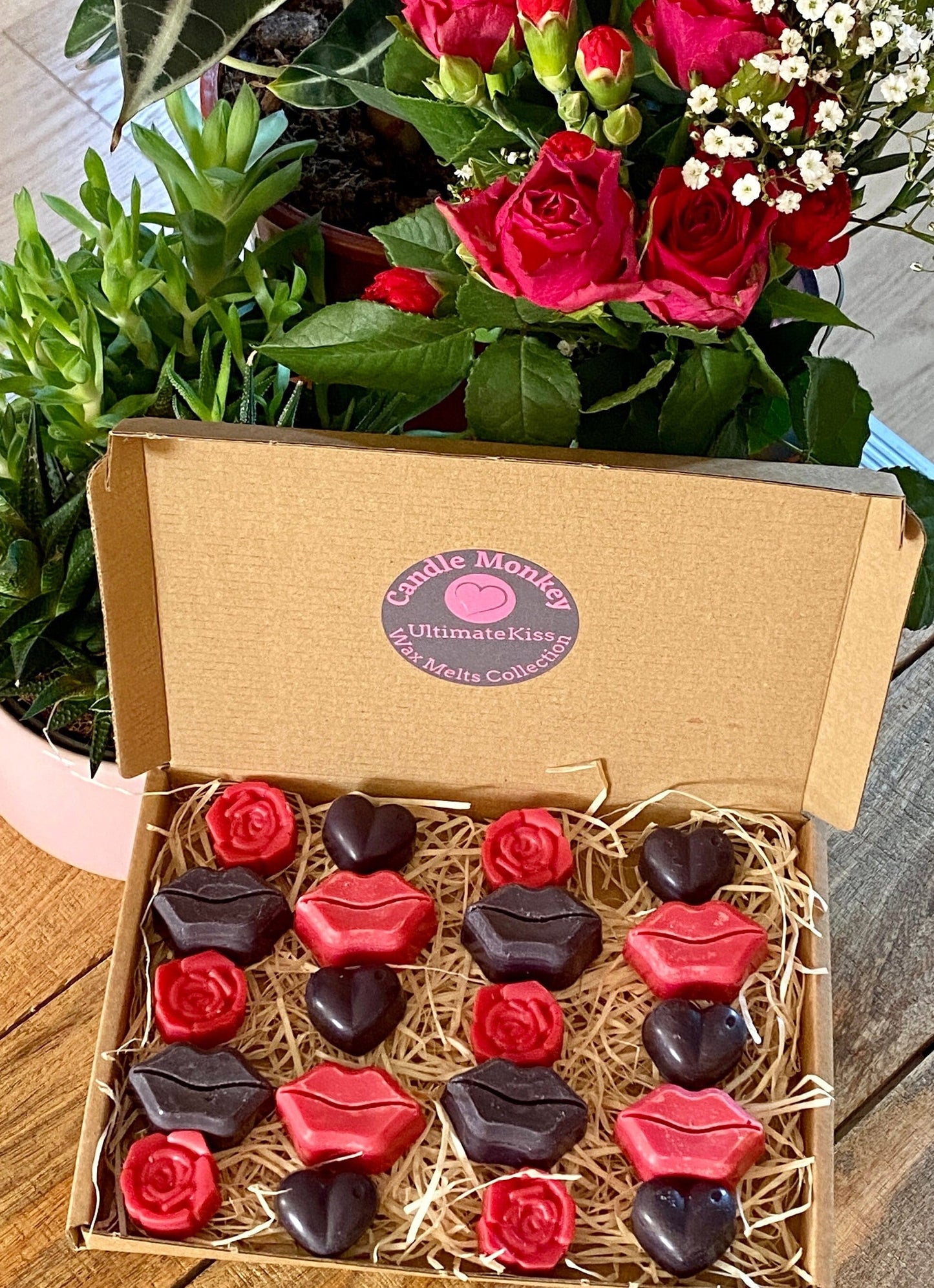 Lips Kiss Soy Wax Melts In A Choice Of Love Potion, Rose Oud, Pomegranate Noir. Free UK Post & Free Personalised Gift message.