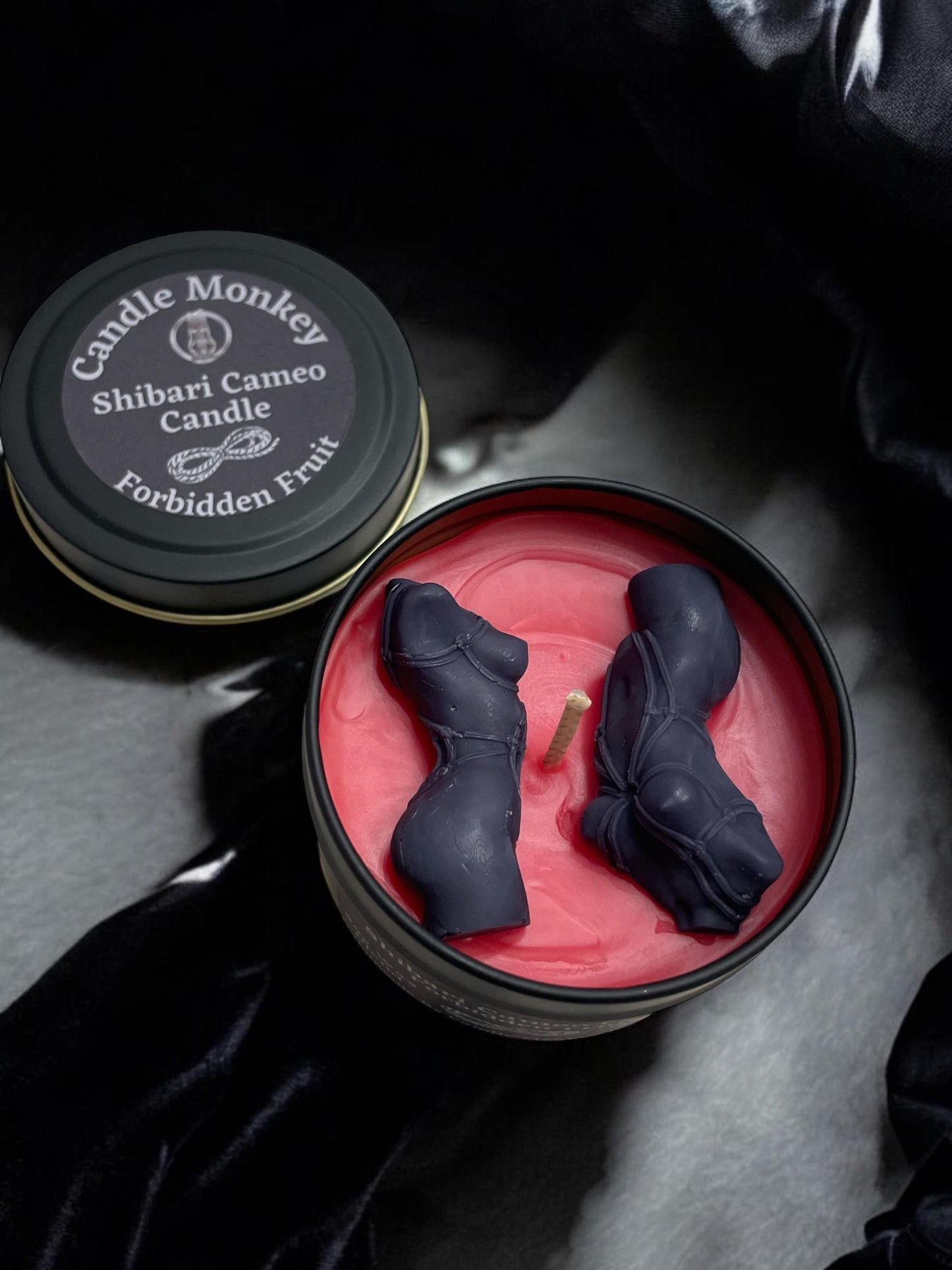 Shibari Goddess Cameo Candle Tin 18 Hours 100g Warm Vanilla Bean, Forbidden Fruit or Honey & Tobacco Bondage Design In Re-useable Tin