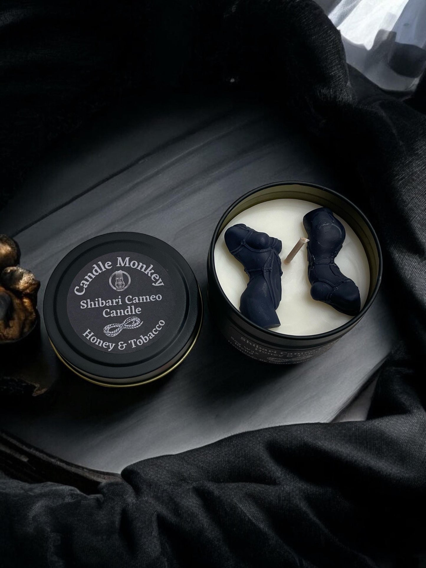 Shibari Goddess Cameo Candle Tin 18 Hours 100g Warm Vanilla Bean, Forbidden Fruit or Honey & Tobacco Bondage Design In Re-useable Tin