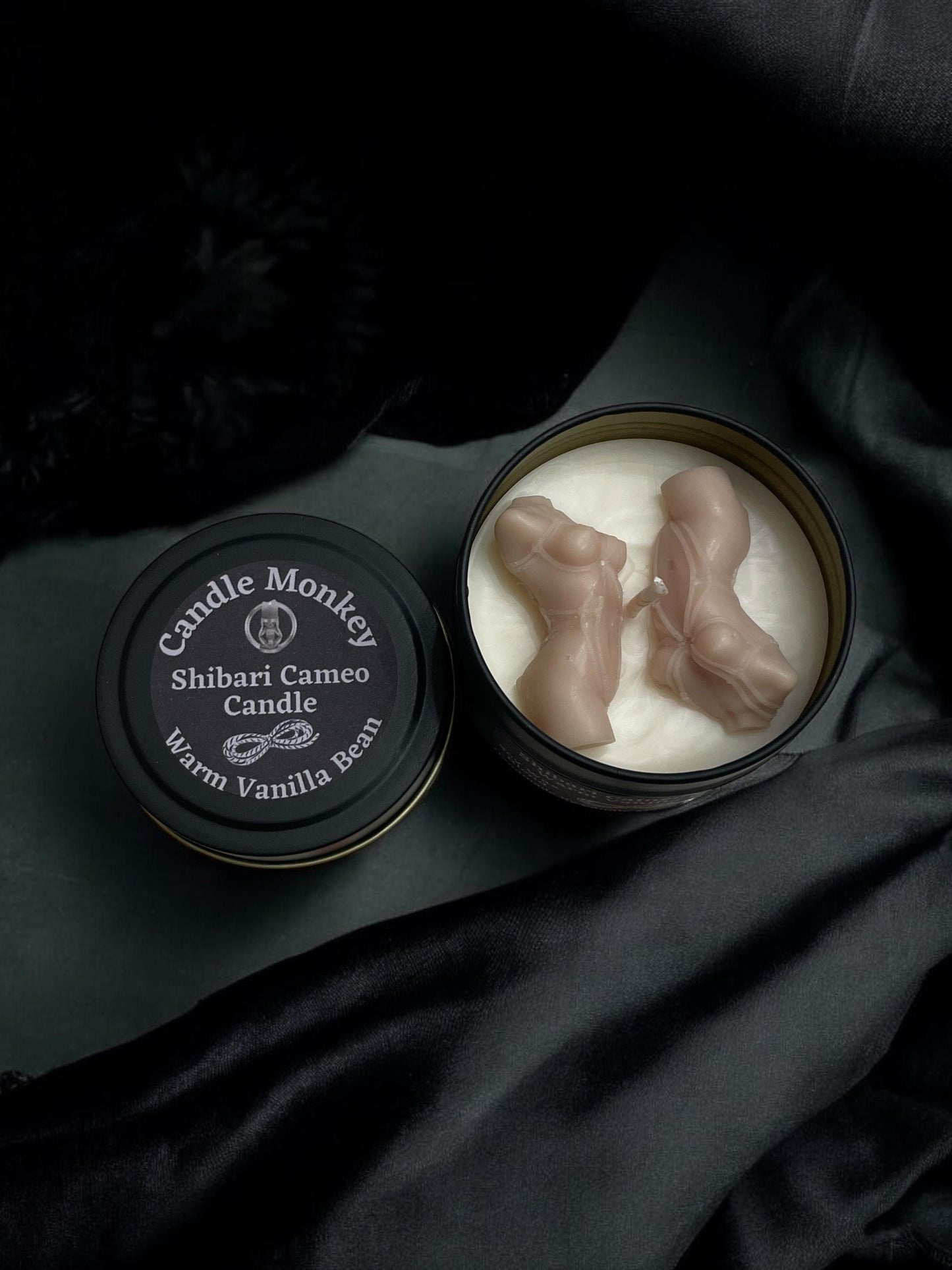 Shibari Goddess Cameo Candle Tin 18 Hours 100g Warm Vanilla Bean, Forbidden Fruit or Honey & Tobacco Bondage Design In Re-useable Tin