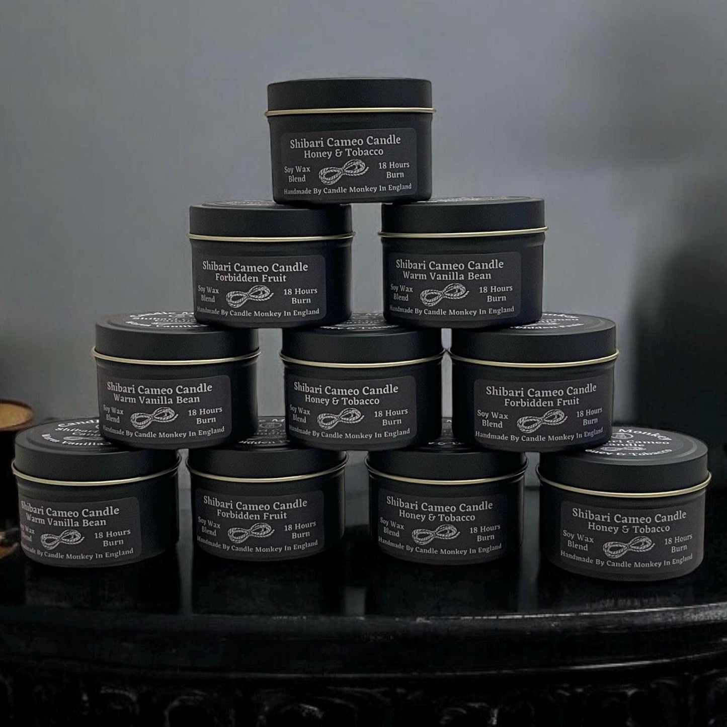 Shibari Goddess Cameo Candle Tin 18 Hours 100g Warm Vanilla Bean, Forbidden Fruit or Honey & Tobacco Bondage Design In Re-useable Tin