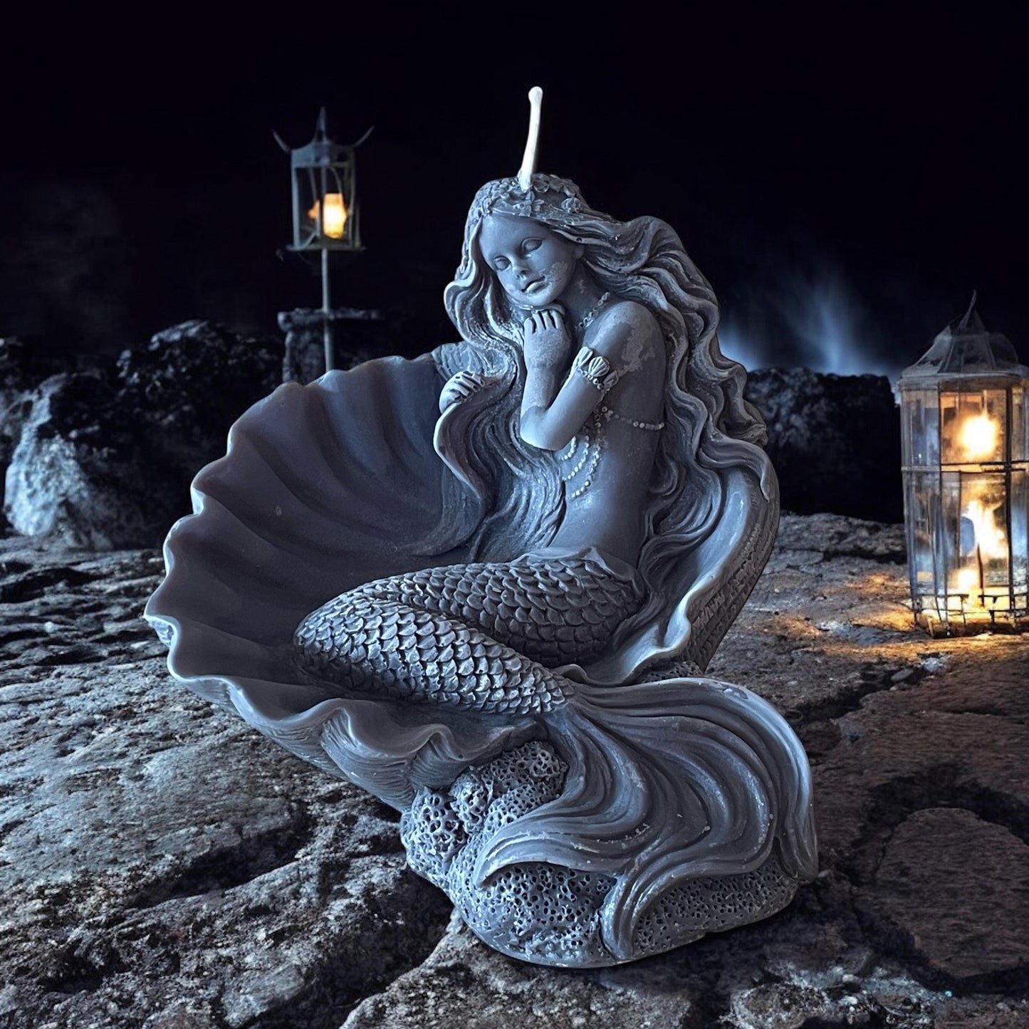 Siren of the Abyss - Mermaidcore Candle • Black Mermaid in Scallop Shell • Essential Oils Option • Handmade Gift • Free UK Post