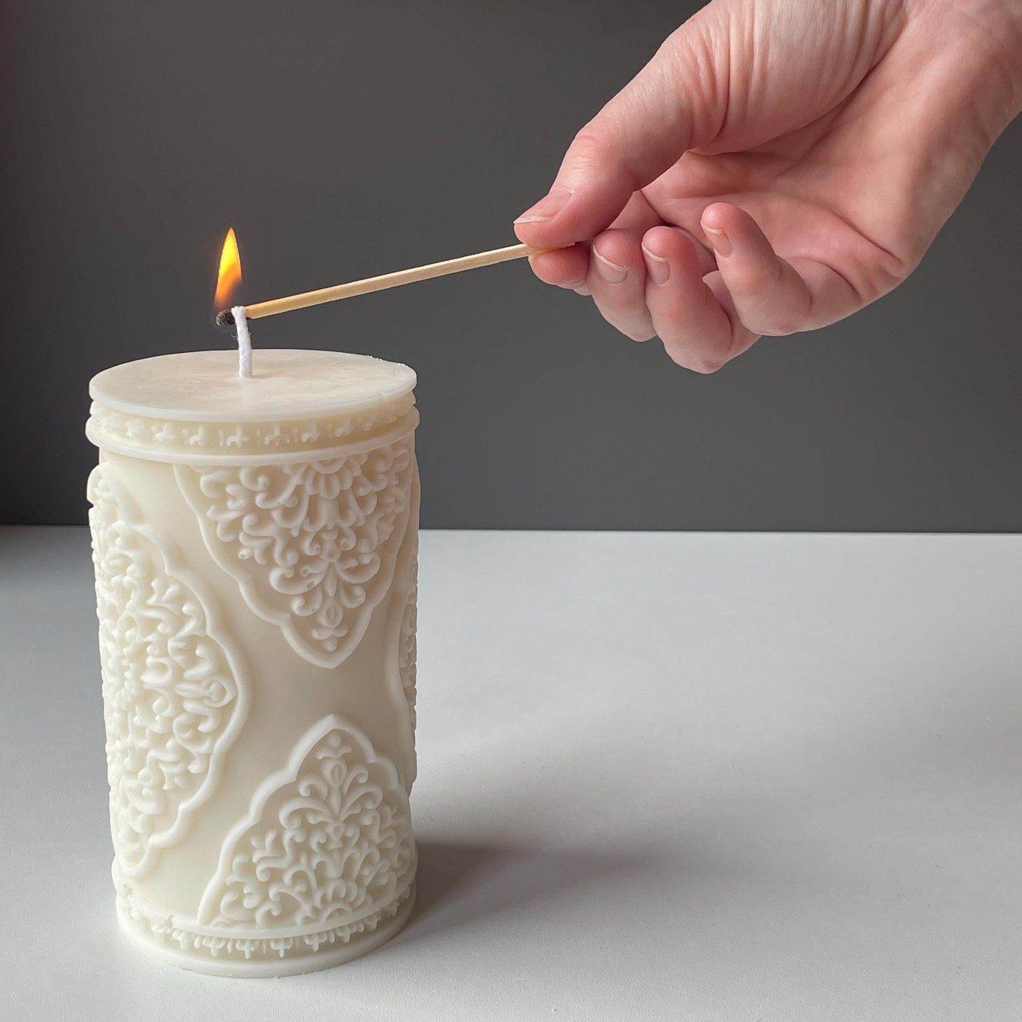 Arabesque Large Relief Pillar Candle | Soy Wax Handmade in Leicestershire Free Post To UK