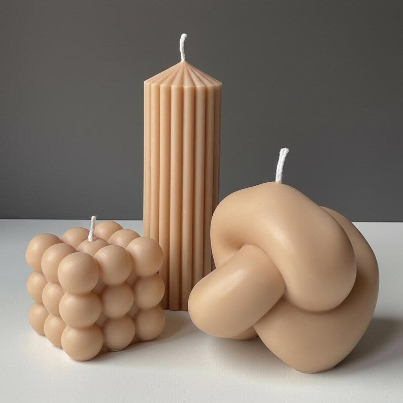 Minimal Sculptural Candle Set | Bubble, Knot & Ribbed Pillar