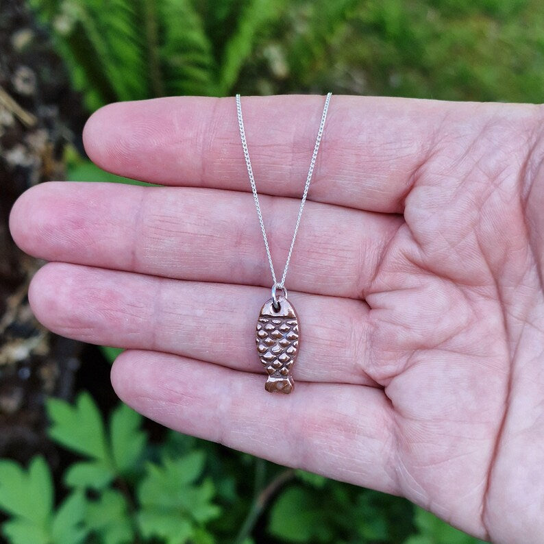 Naive Folk Art Fish Amulet – Solid Copper, Bronze Or Sterling Silver Ancient River Spirit Pendant Necklace