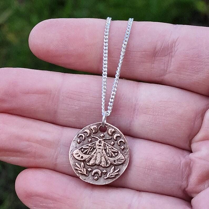 The Nocturne Moth Lunar Pendant Handmade Gothic Moth & Moon Phase Necklace Sterling Silver, Copper Or Bronze