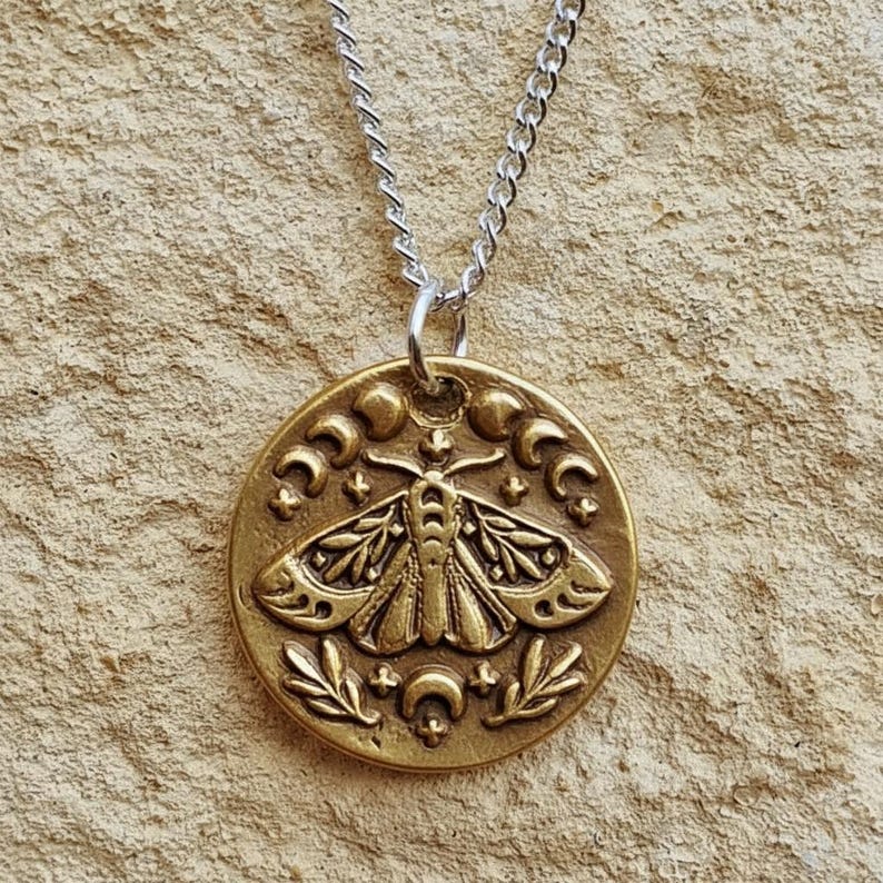 The Nocturne Moth Lunar Pendant Handmade Gothic Moth & Moon Phase Necklace Sterling Silver, Copper Or Bronze