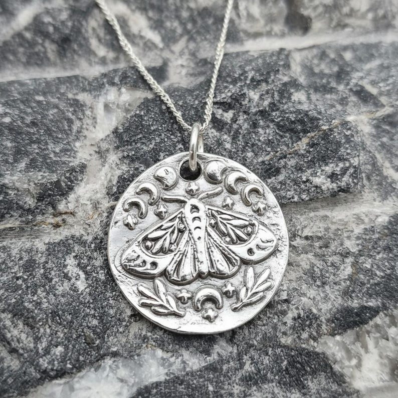 The Nocturne Moth Lunar Pendant Handmade Gothic Moth & Moon Phase Necklace Sterling Silver, Copper Or Bronze