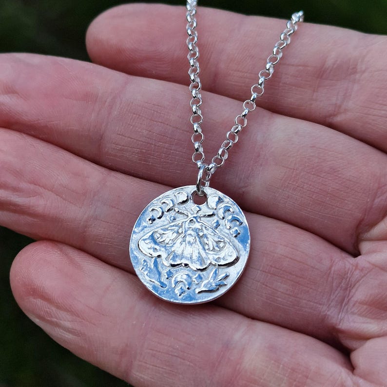 The Nocturne Moth Lunar Pendant Handmade Gothic Moth & Moon Phase Necklace Sterling Silver, Copper Or Bronze