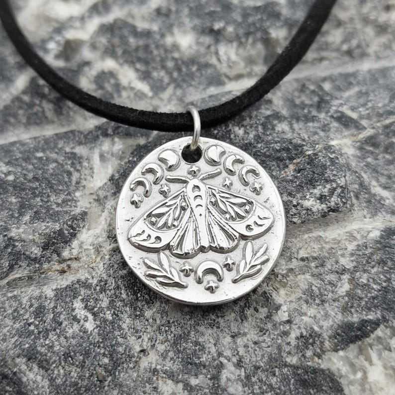 The Nocturne Moth Lunar Pendant Handmade Gothic Moth & Moon Phase Necklace Sterling Silver, Copper Or Bronze