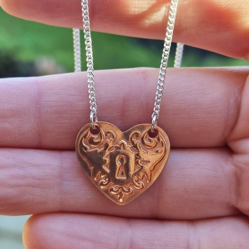 Victorian Heart Key Pendant – Handmade Sterling Silver, Copper Or Bronze Heart Necklace, Love Token Jewellery