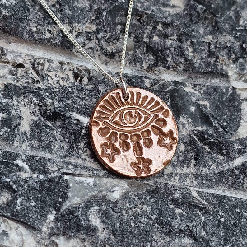 Warding Eye Folklore Pendant - Copper, Bronze Or Sterling Silver - Handmade Celestial Protection Necklace