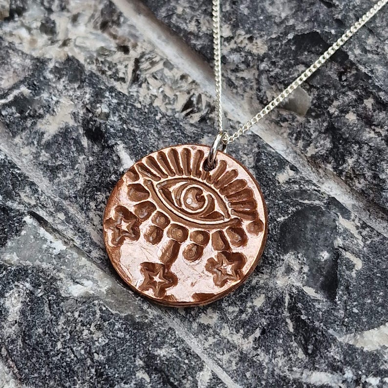 Warding Eye Folklore Pendant - Copper, Bronze Or Sterling Silver - Handmade Celestial Protection Necklace