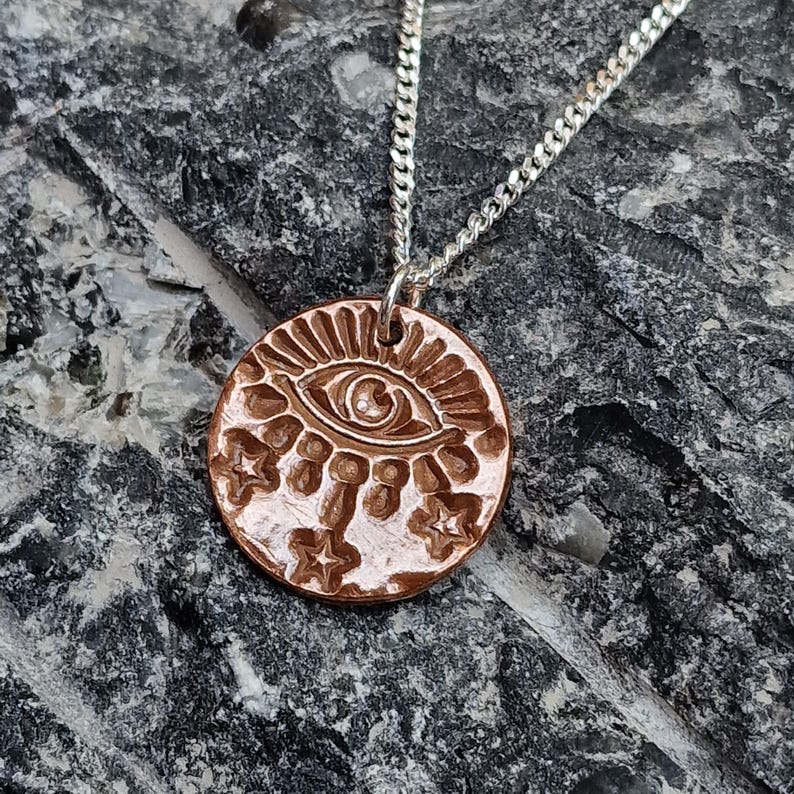 Warding Eye Folklore Pendant - Copper, Bronze Or Sterling Silver - Handmade Celestial Protection Necklace
