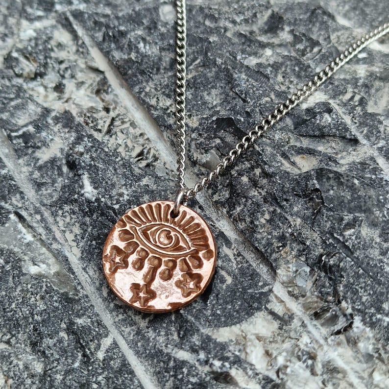 Warding Eye Folklore Pendant - Copper, Bronze Or Sterling Silver - Handmade Celestial Protection Necklace