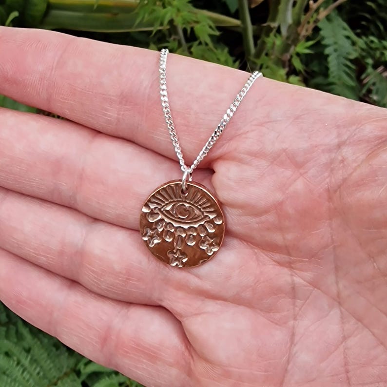 Warding Eye Folklore Pendant - Copper, Bronze Or Sterling Silver - Handmade Celestial Protection Necklace
