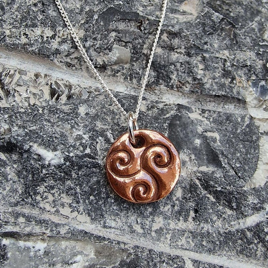 White Boar Forge Celtic Triskele Spirals Handmade Copper & Sterling Silver Pagan Pendant Necklace