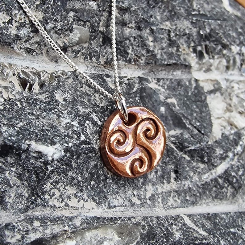 White Boar Forge Celtic Triskele Spirals Handmade Copper & Sterling Silver Pagan Pendant Necklace