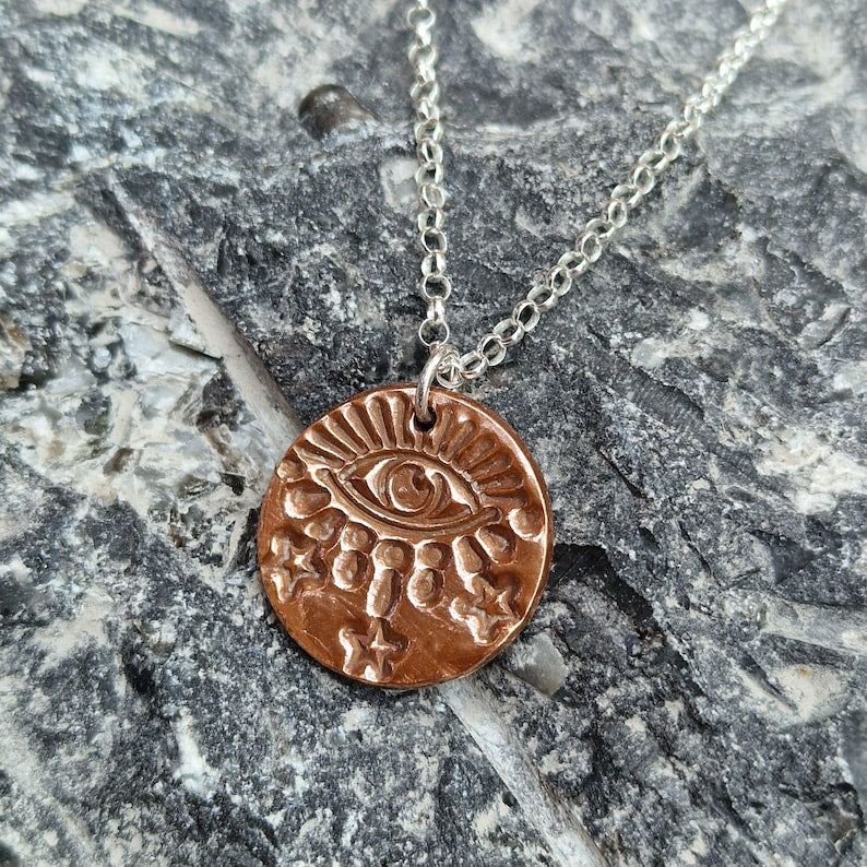 White Boar Forge Warding Eye Copper & Sterling Silver Pendant – Handmade Celestial Protection Necklace, Folklore Inspired Jewellery Gift