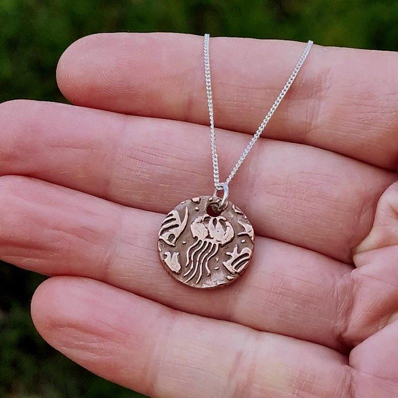 Aurelia Jellyfish Pendant Necklace Handmade Sterling Silver, Copper Or Bronze – Sea & Beach Lover,  Ocean Themed Jewellery