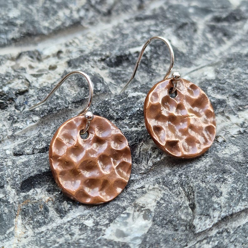 Hammered Copper Disc Earrings – History Inspired, Sterling Silver Hooks