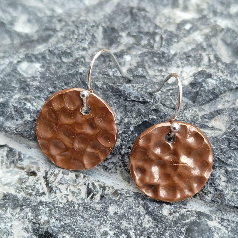 Hammered Copper Disc Earrings – History Inspired, Sterling Silver Hooks