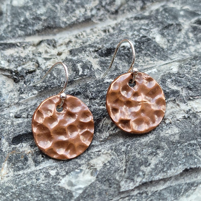 Hammered Copper Disc Earrings – History Inspired, Sterling Silver Hooks