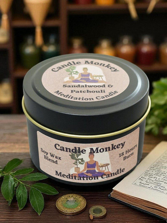 The Meditation Candle Tin – Sandalwood and Patchouli Essential Oils and Crystals.  Free UK Post