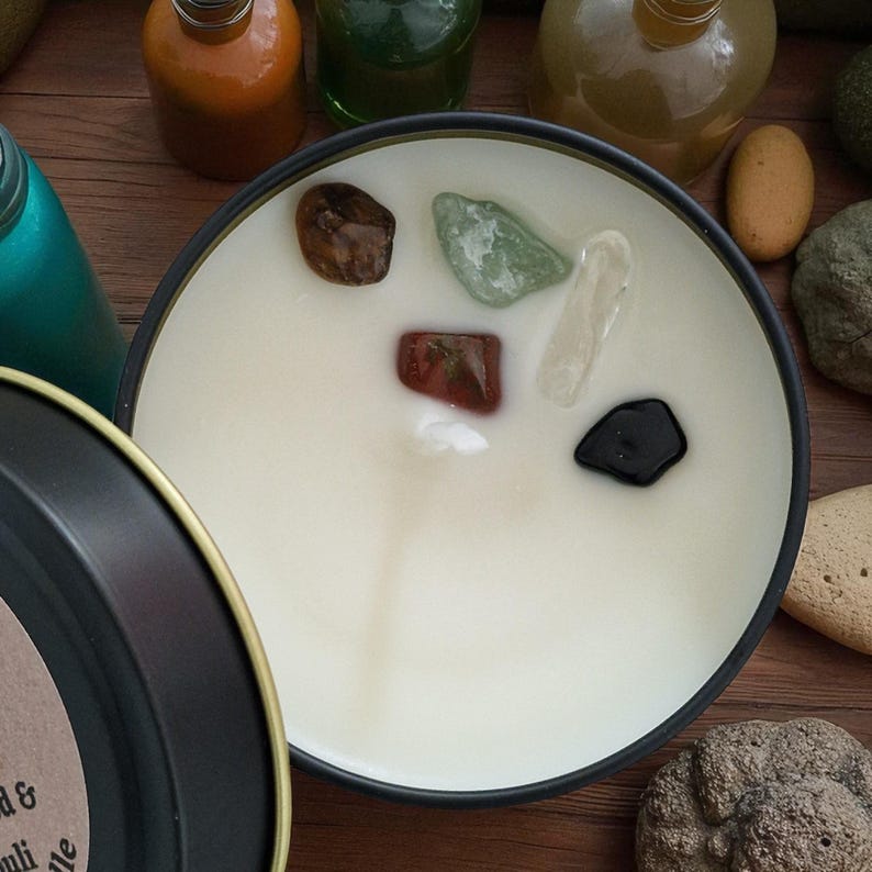 The Meditation Candle– Sandalwood and Patchouli Essential Oils and Crystals.  Free UK Post