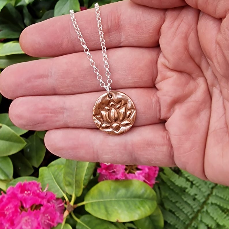 White Boar Forge Lotus Copper & Sterling Silver 2.2cm Pendant – Handmade Botanical Flower Necklace, Nature-Inspired Spiritual Jewellery Gift