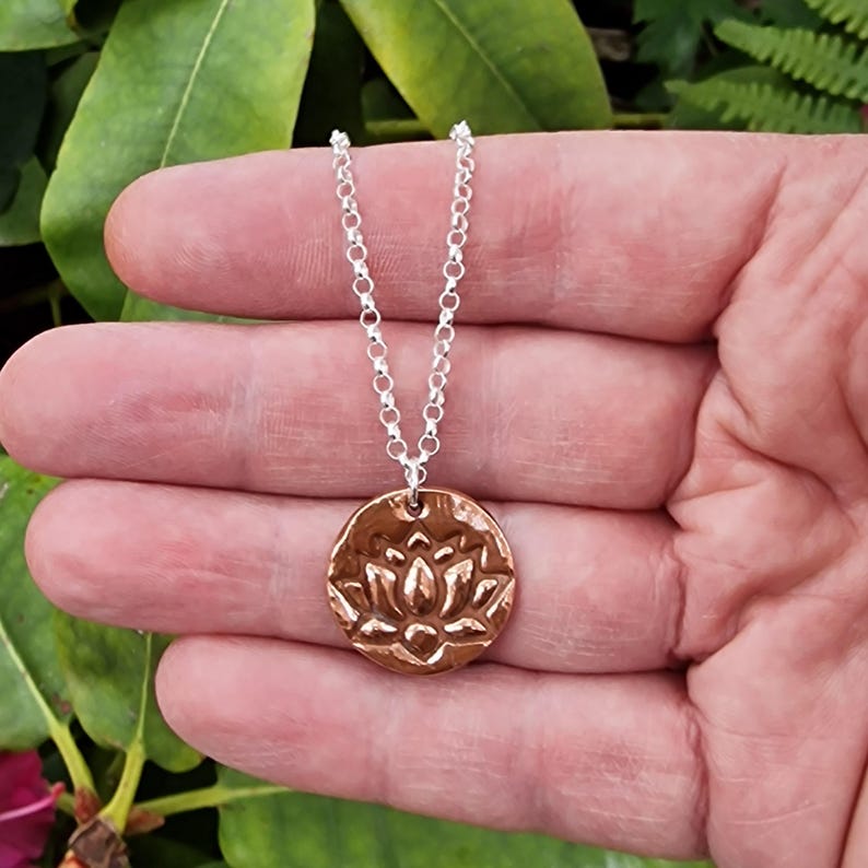 White Boar Forge Lotus Copper & Sterling Silver 2.2cm Pendant – Handmade Botanical Flower Necklace, Nature-Inspired Spiritual Jewellery Gift