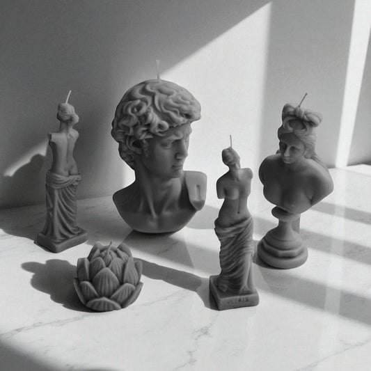 Ancient Mythology Art Candles In Neutral Grey : Venus, Aphrodite, Artichoke, Adonis, David Sculptures Custom Scent | Handmade Soy Wax Blend