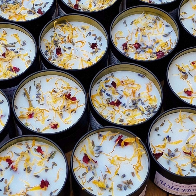 Wildflowers Wedding Favour • Scented Candle Tin with Botanicals • Custom Floral Embellished Wedding Gift • Personalised Candles
