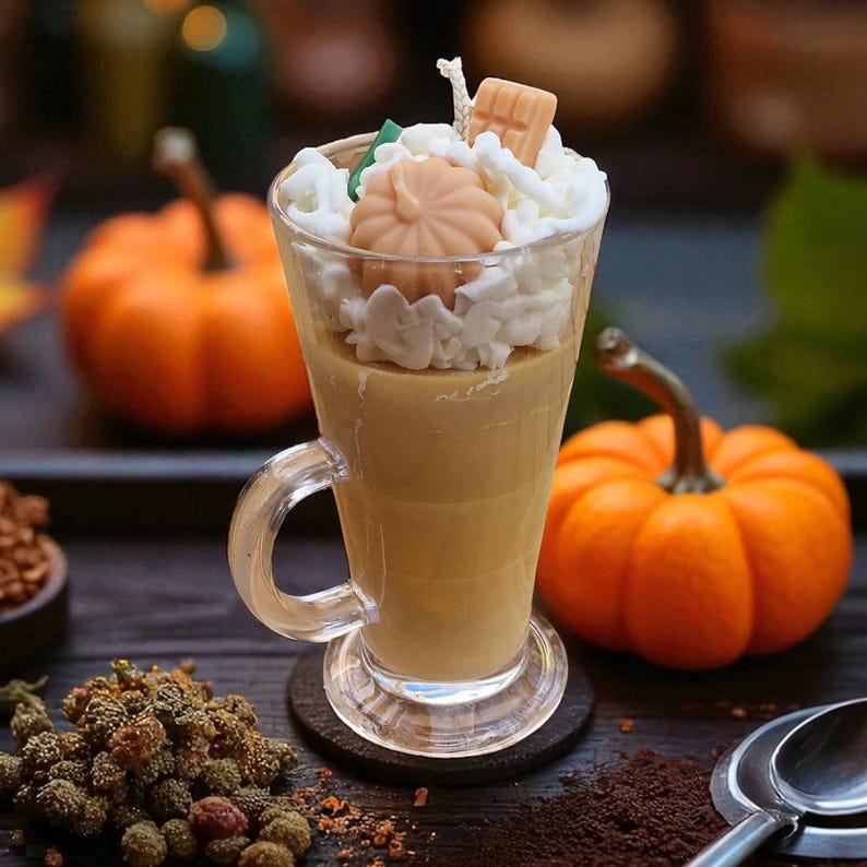Pumpkin Spice Latte Candle – Handmade Soy Wax Coffee Candle Glass with Whipped Cream Topping, Autumn Décor Gift Free UK Post