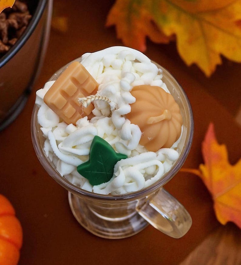 Pumpkin Spice Latte Candle – Handmade Soy Wax Coffee Candle Glass with Whipped Cream Topping, Autumn Décor Gift Free UK Post