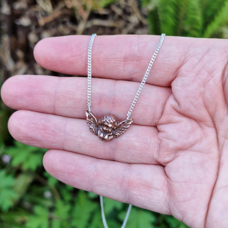 White Boar Forge Gothic Cherub Copper & Sterling Silver Pendant Necklace | Renaissance Cemetery Angel | Dark Romantic Guardian Relic